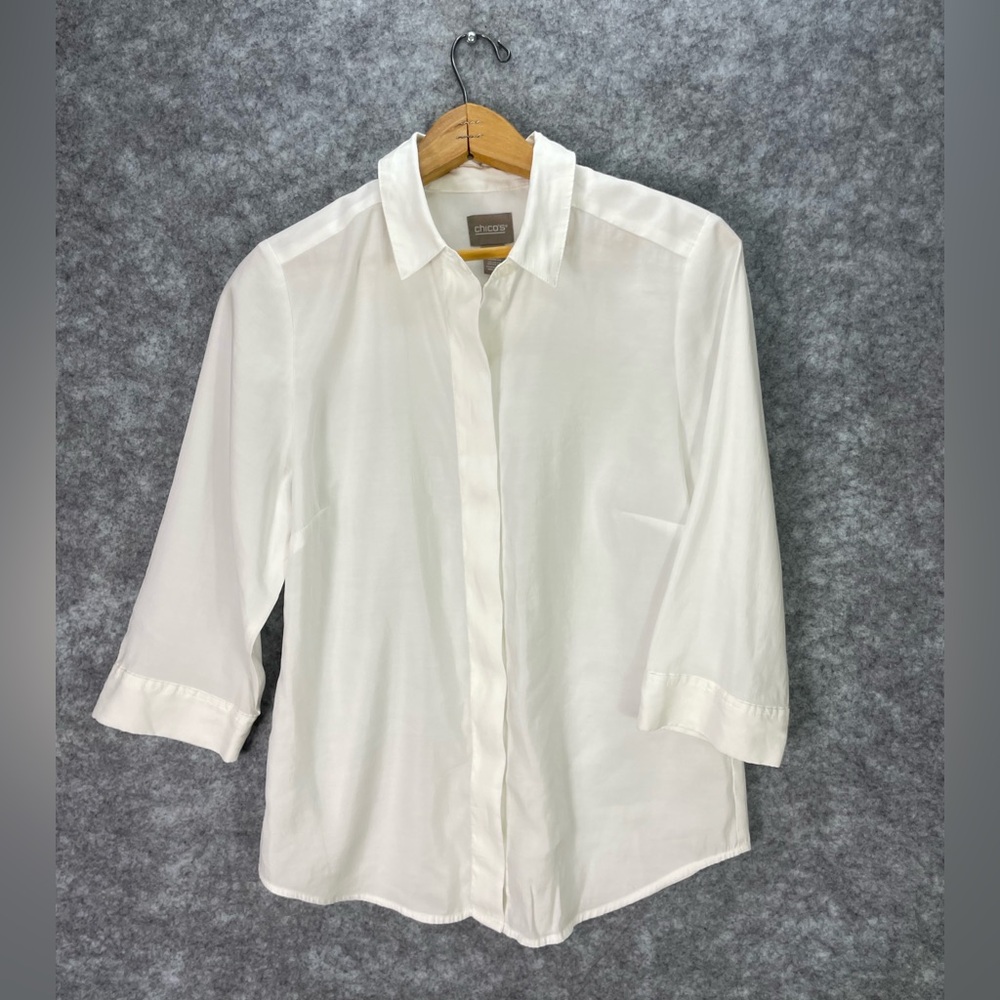 Chicos Shirt Womens Small 0 White Button Front 3/4 Sleeve Collared Blouse Top.